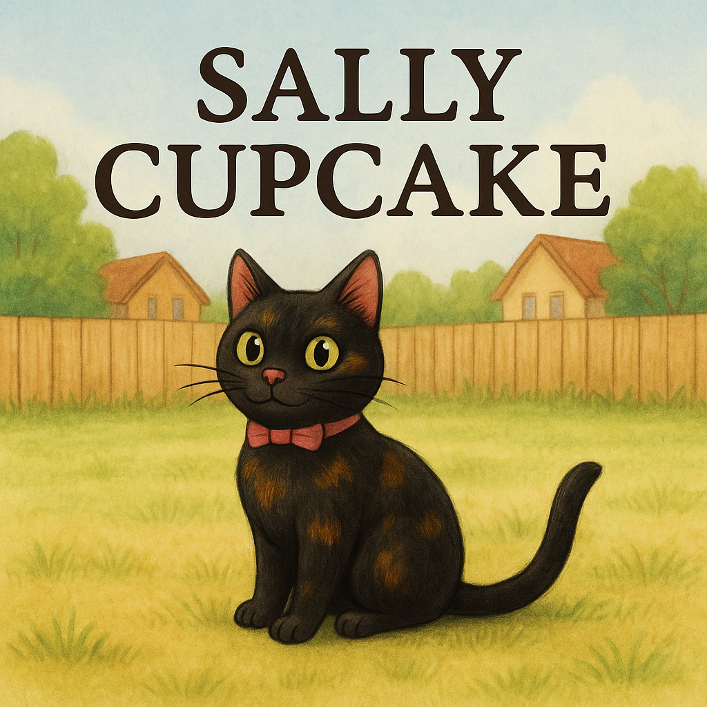 Sally Cupcake, a tortoiseshell cat with a pink bow, sitting proudly in a sunny backyard.